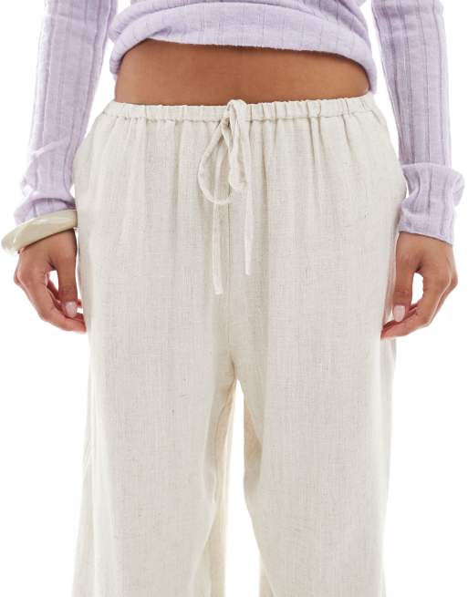 Miss Selfridge Petite linen blend drawstring waist wide leg trousers in stone, 5 of 5