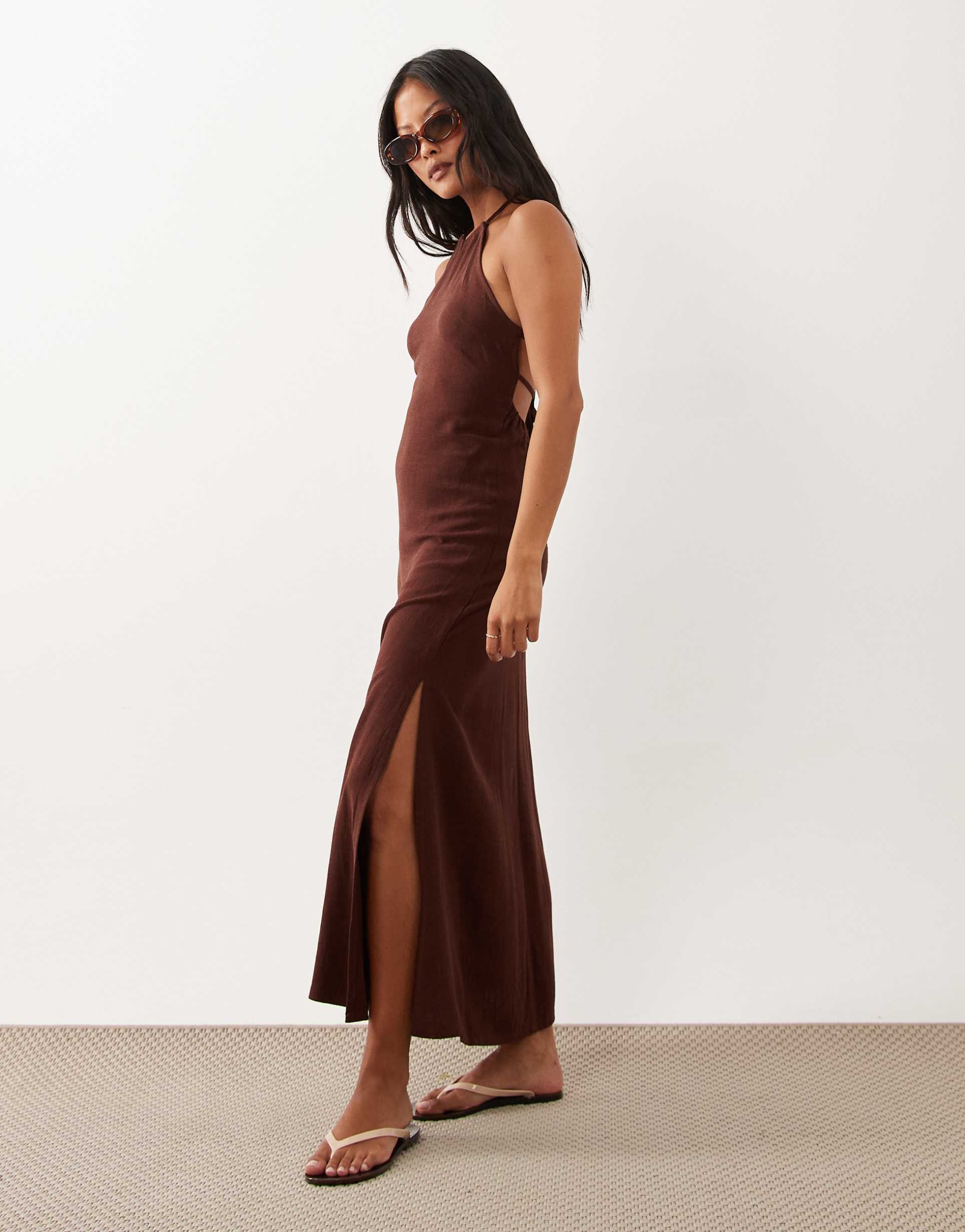 miss selfridge petite linen blend halter neck maxi dress in chocolate