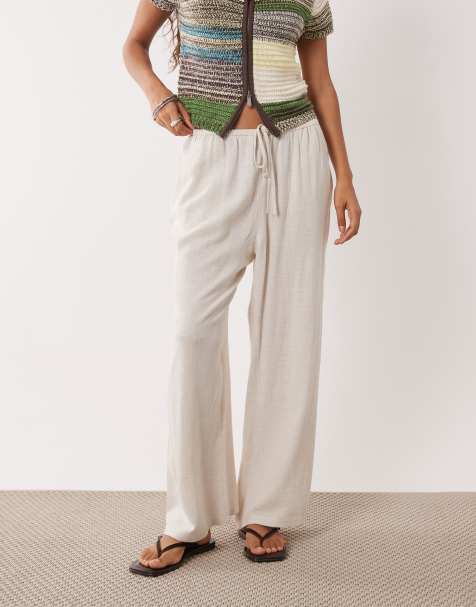 Miss Selfridge Petite linen blend pull on pants in natural - view 1