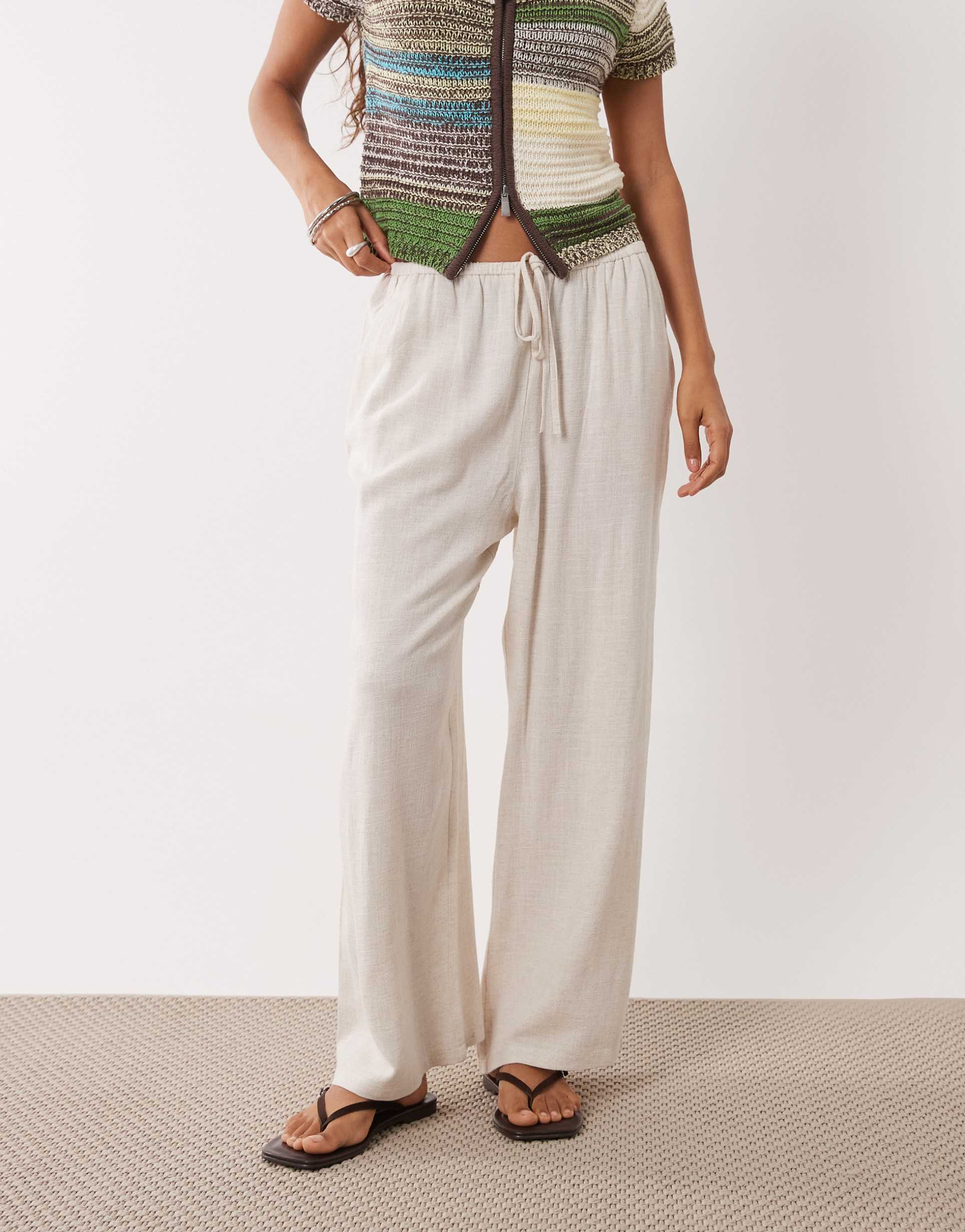 miss selfridge petite linen blend pull on pants in natural