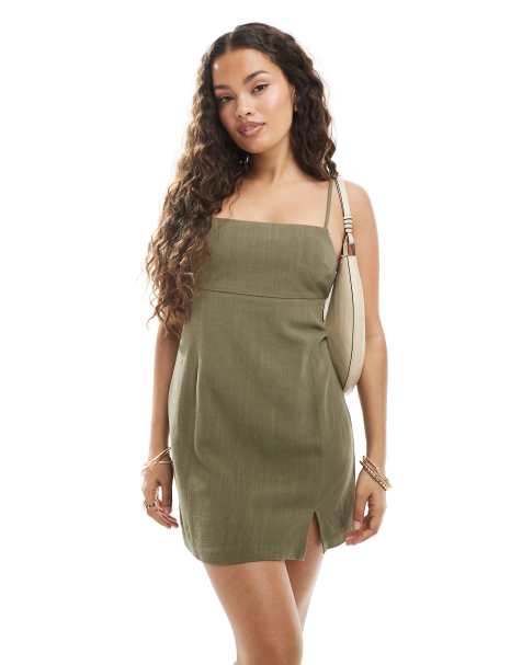 Miss Selfridge Petite linen blend slit hem cami dress in khaki green - view 1