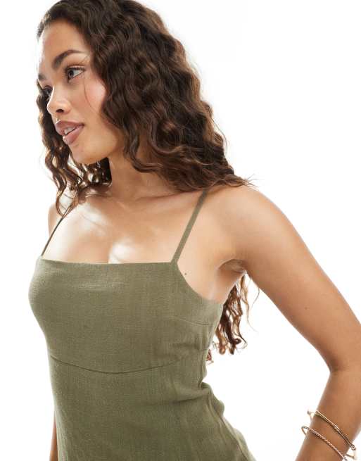 Miss Selfridge Petite linen blend slit hem cami dress in khaki green