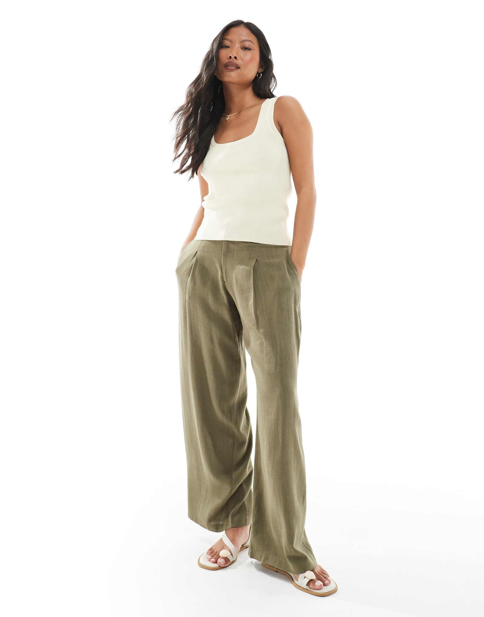 miss selfridge petite linen blend tailored wide leg pants in khaki