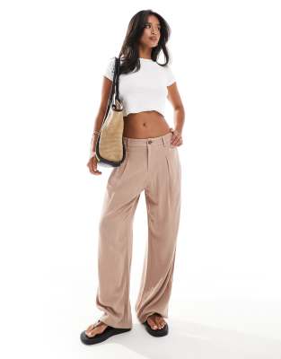 linen blend tailored wide leg pants in taupe-Neutral