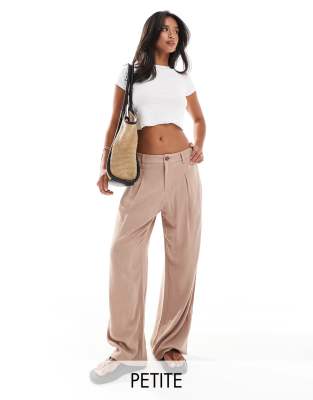 Miss Selfridge Petite linen blend tailored wide leg trouser in taupe-Neutral