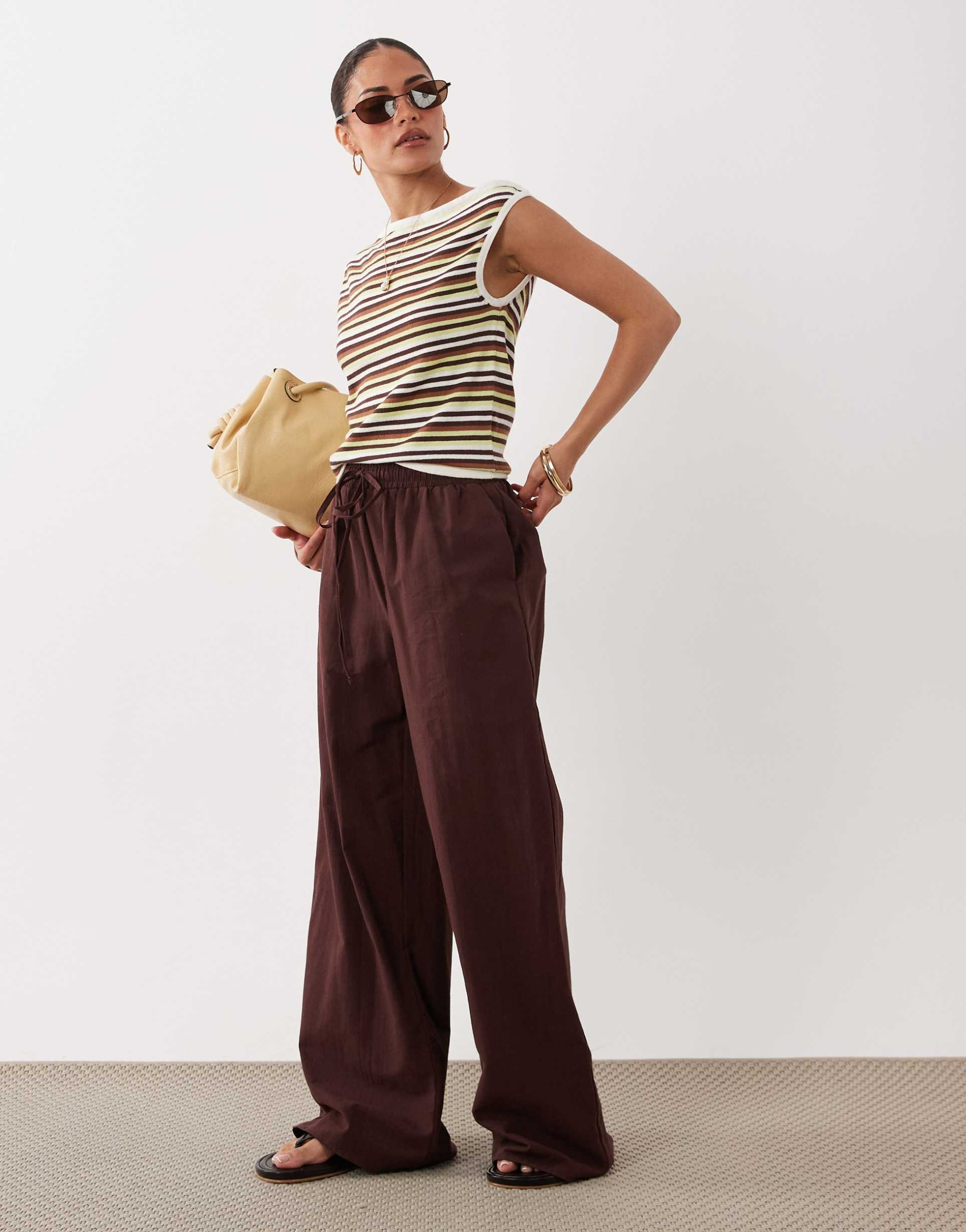 miss selfridge petite linen blend wide leg pants in chocolate
