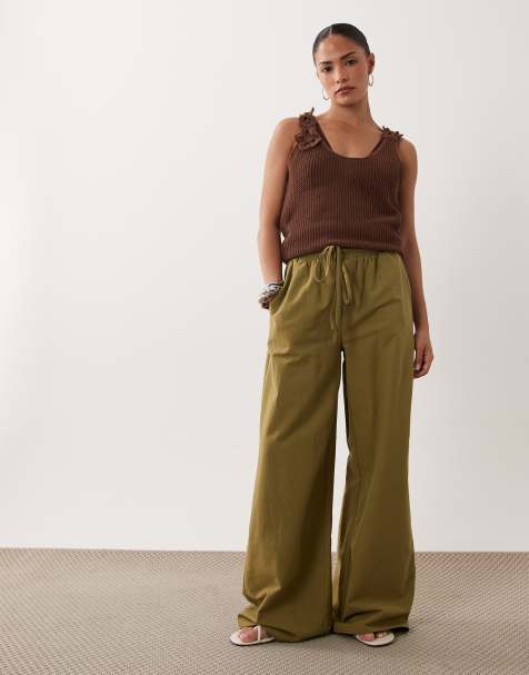 Miss Selfridge Petite linen blend wide leg pants in olive - view 1