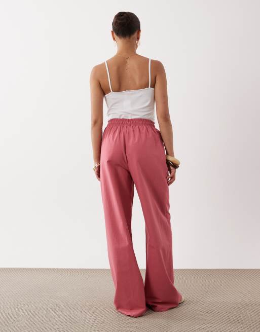 Miss Selfridge Petite linen blend wide leg pants in raspberry, 4 of 5
