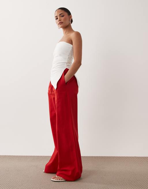 Miss Selfridge Petite linen blend wide leg pants in red, 3 of 5