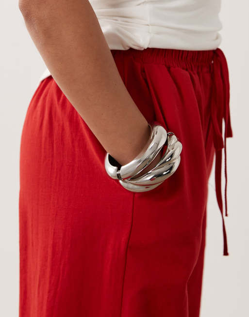 Miss Selfridge Petite linen blend wide leg pants in red, 4 of 5
