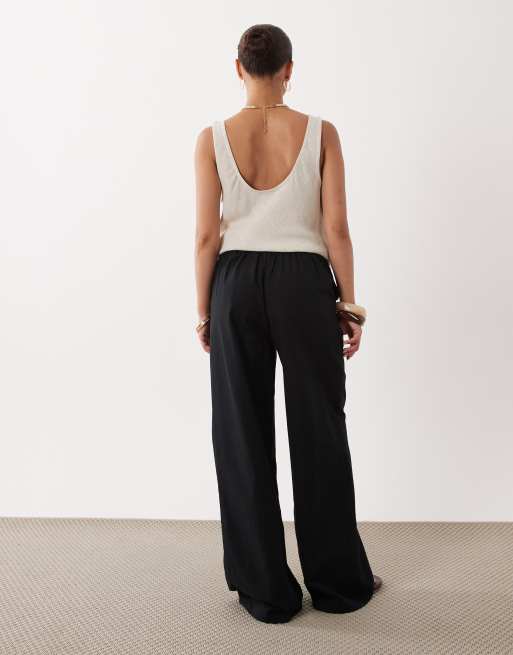 Miss Selfridge Petite linen blend wide leg trouser in black, 5 of 5