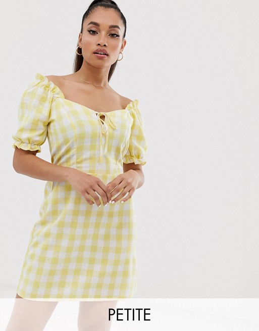Miss Selfridge Petite linen dress with puff sleeves in yellow check