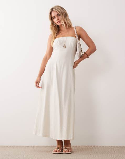 Miss Selfridge Petite linen look bandeau maxi dress in stone - view 1