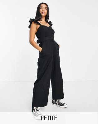 Miss Selfridge Petite linen look frill strap jumpsuit in black