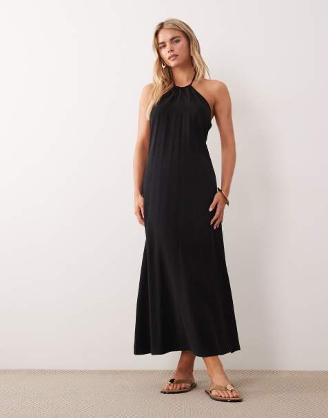 Miss Selfridge Petite linen look halter maxi dress in black - view 1