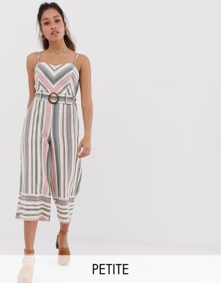 Miss Selfridge Petite linen look jumpsuit in chevron stripe-Multi