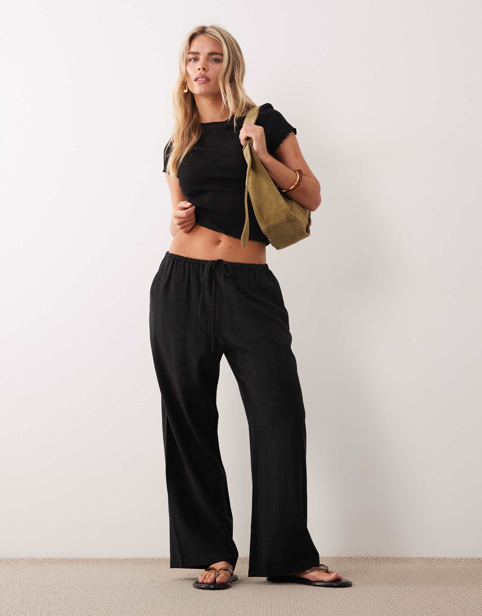miss selfridge petite linen look pull-on pants in black