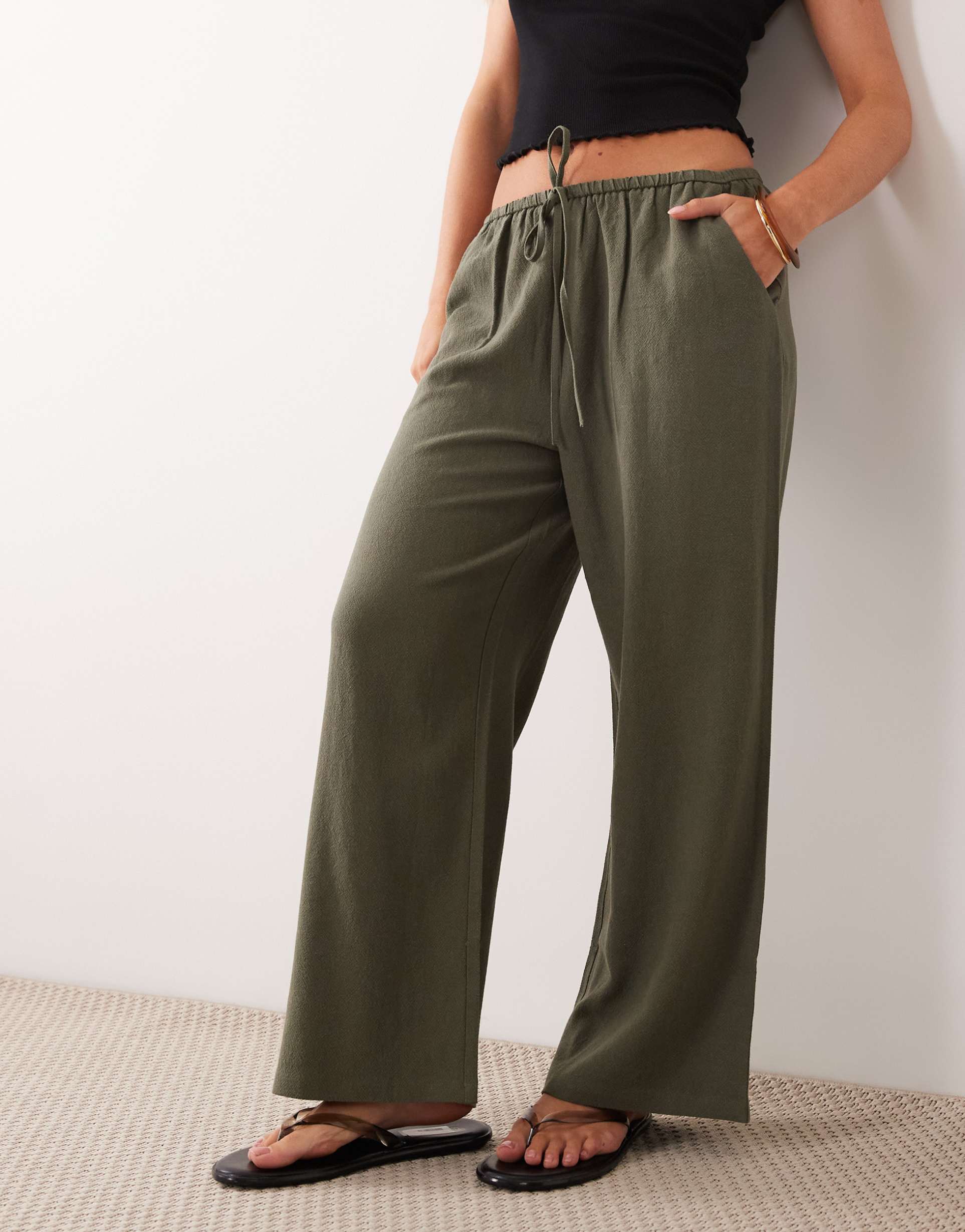 miss selfridge petite linen look pull-on pants in olive