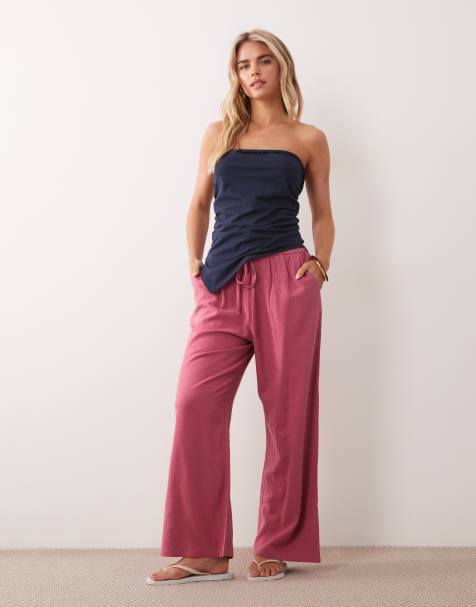 Miss Selfridge Petite linen look pull-on pants in raspberry - view 1