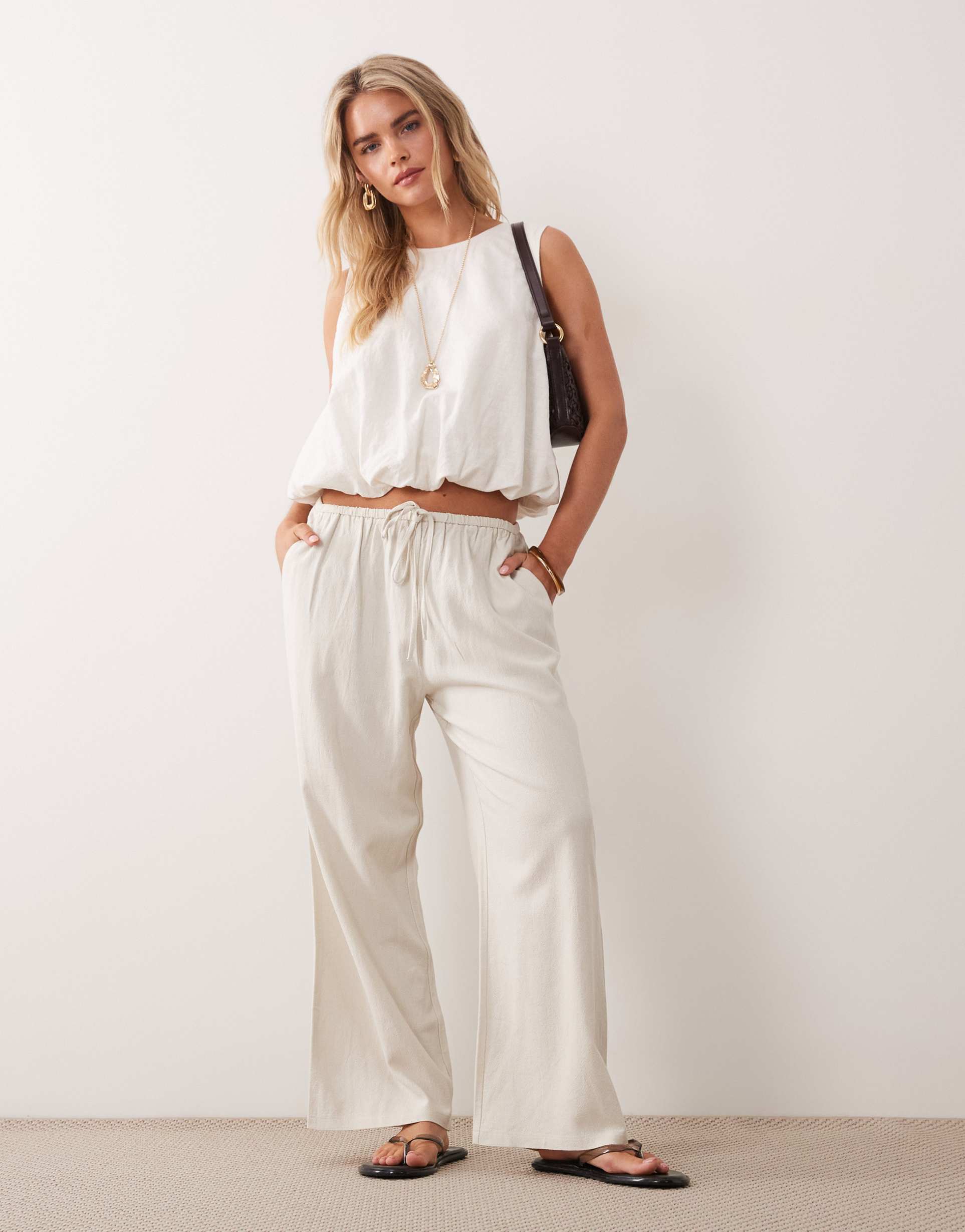 miss selfridge petite linen look pull-on pants in stone