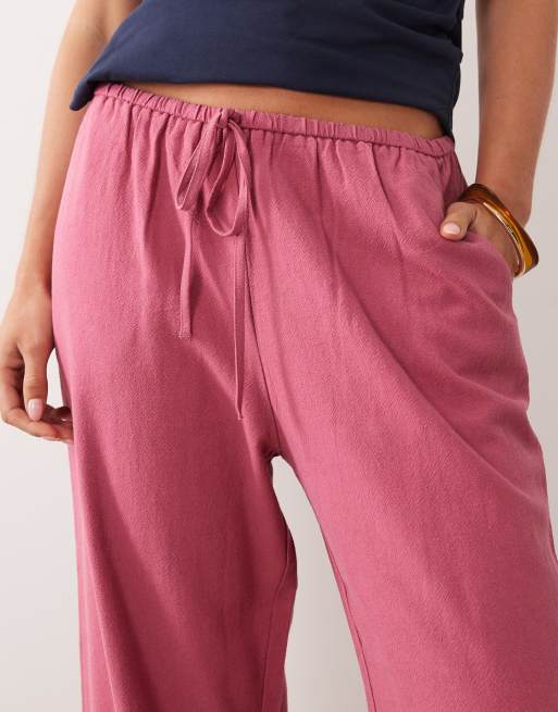 Miss Selfridge Petite linen look pull on trouser in raspberry, 3 of 5