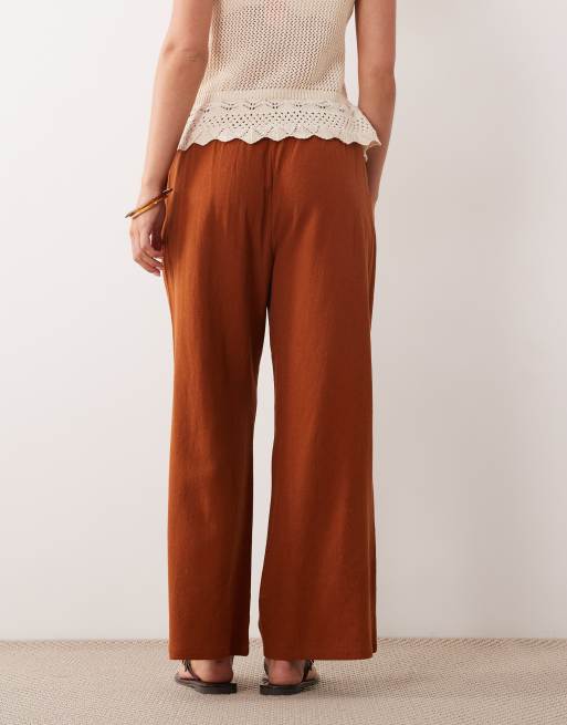 Miss Selfridge Petite linen look pull on trouser in rust, 4 of 5