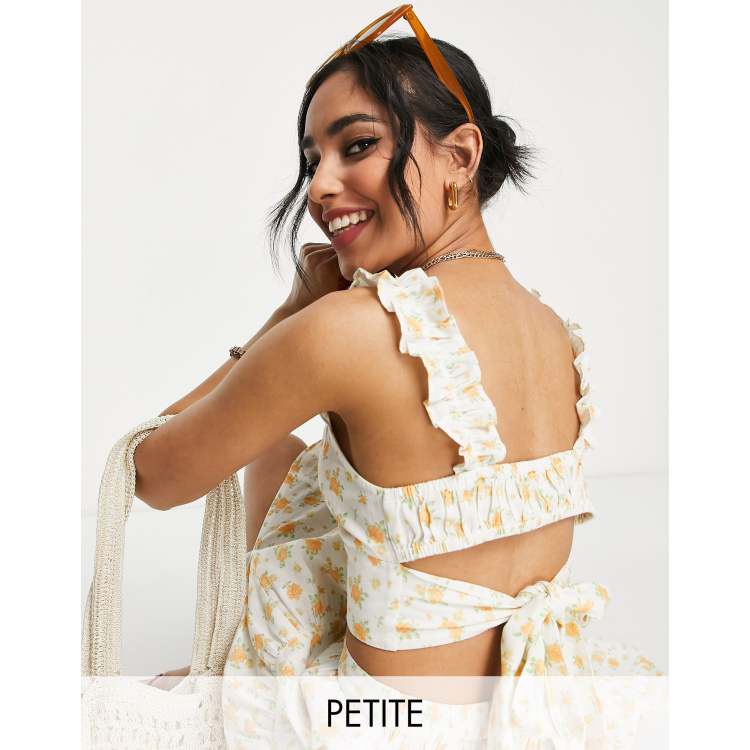 Miss Selfridge Petite linen look ruffle strap crop top in orange ditsy