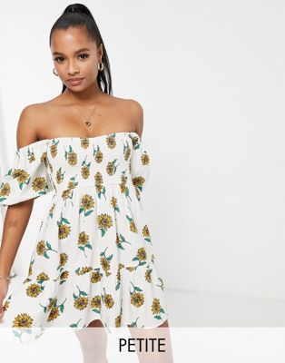 Miss Selfridge Petite linen look shirred fit and flare mini dress in ivory sunflower - ASOS Price Checker