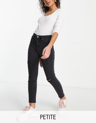 Miss Selfridge Petite - Lizzie - Authentic-Jeans in Schwarz mit engem Schnitt, hohem Bund und Zierrissen