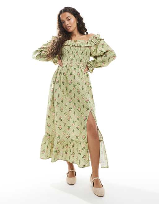 Miss Selfridge Petite – Lniana zielona sukienka maxi z dekoltem bardot w kwiatowy wzór