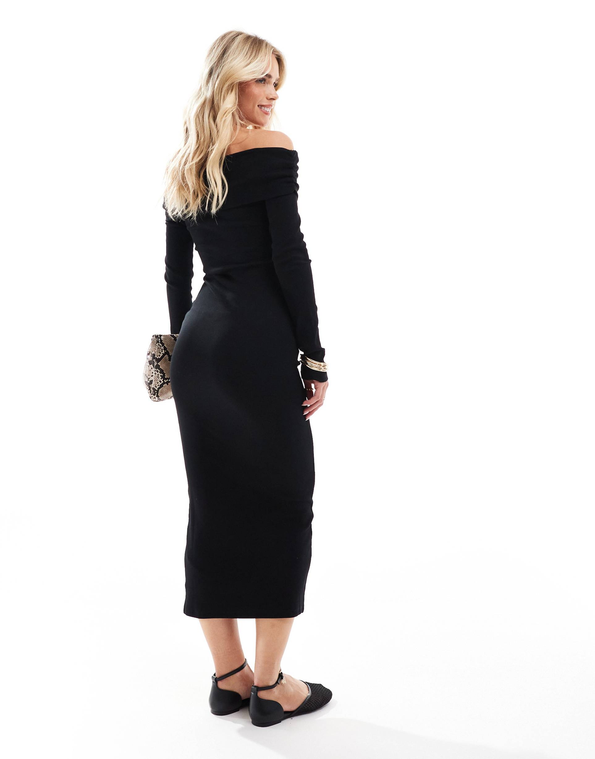 miss selfridge petite long sleeve bardot maxi dress in black