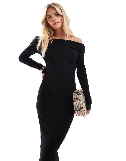 Miss Selfridge Petite long sleeve bardot maxi dress in black, 3 of 4