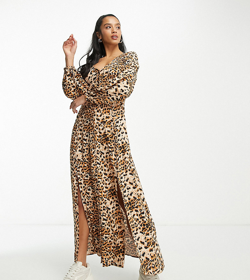 Miss Selfridge Petite Long Sleeve Button Through Maxi Dress In Leopard-Brown