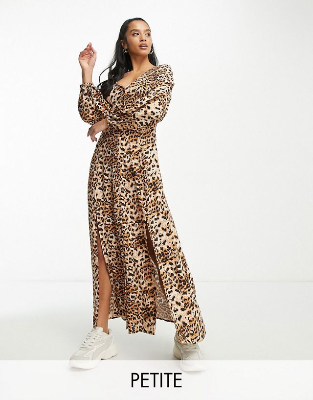 Miss Selfridge Petite long sleeve button through maxi dress in leopard