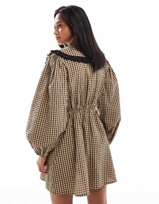 Miss Selfridge Petite long sleeve collar tea dress in check, 2 of 4