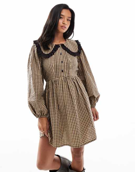 Miss Selfridge Petite long sleeve collar tea dress in check, 3 of 4