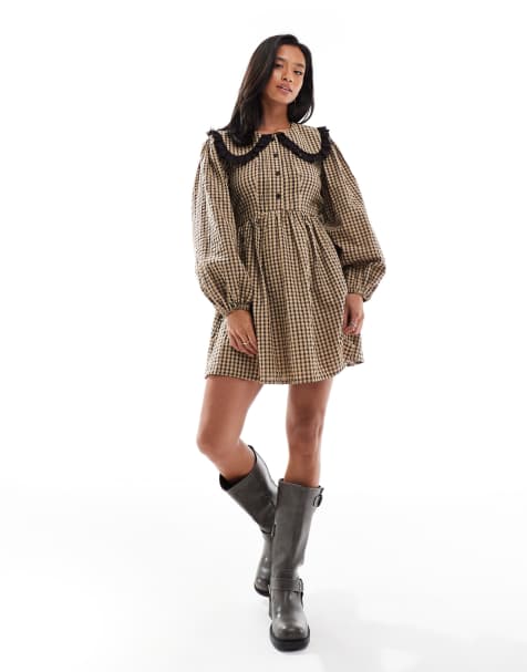 Miss Selfridge Petite long sleeve collared tea dress in check - view 1