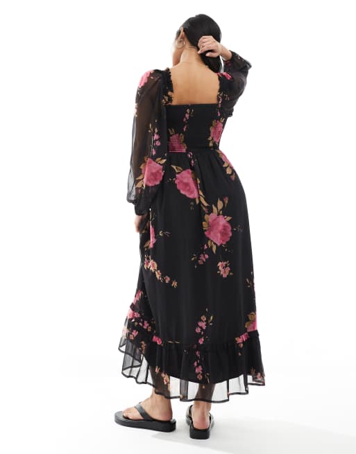 Miss Selfridge Petite long sleeve corset detail maxi dress in rose print
