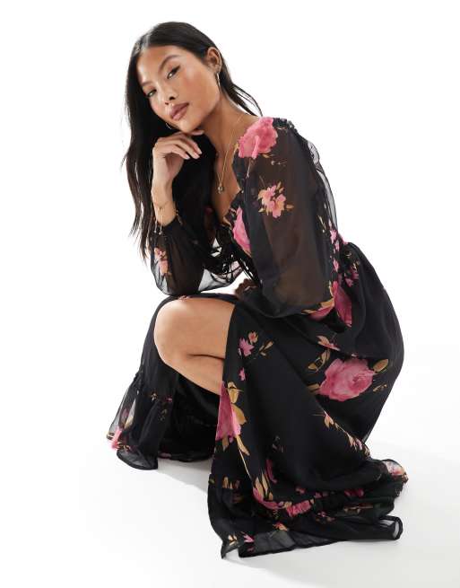 Miss Selfridge Petite long sleeve corset detail maxi dress in rose print, 3 of 4