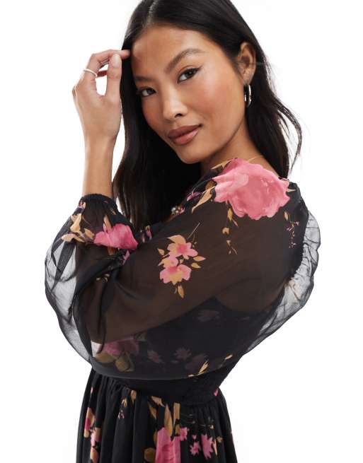 Miss Selfridge Petite long sleeve corset detail maxi dress in rose print