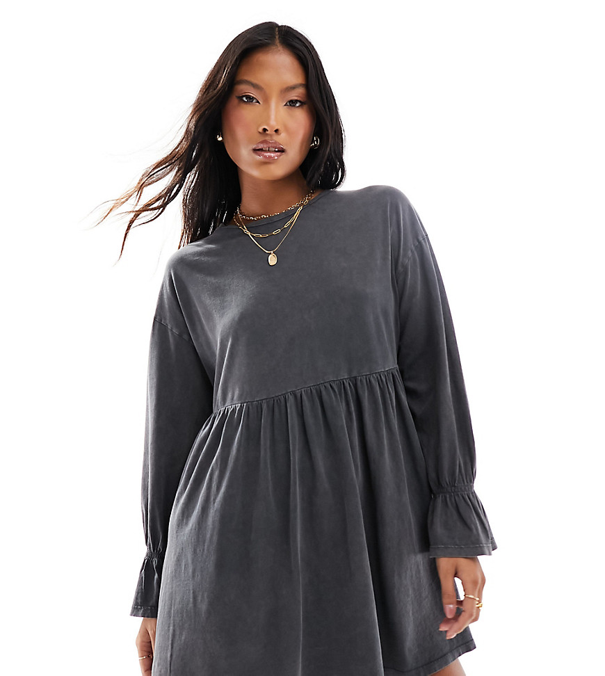 long sleeve frill detail smock mini dress in washed black