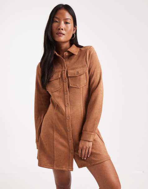 Miss Selfridge Petite long sleeve suedette dress in tan - view 1