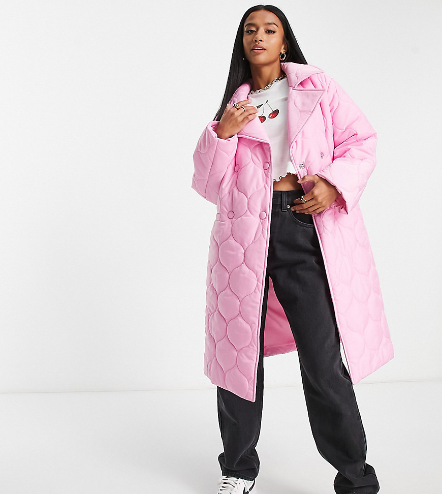 Miss Selfridge Petite longline puffer coat in pink