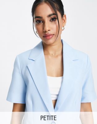 Miss Selfridge Petite longline short sleeve blazer in sky blue - ASOS Price Checker