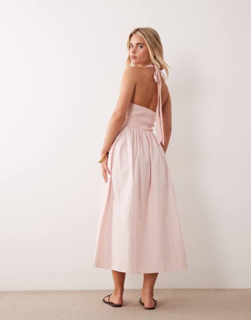 Miss Selfridge Petite - Lyserød maxikjole med halterneck, rynker og striber, 2 af 4