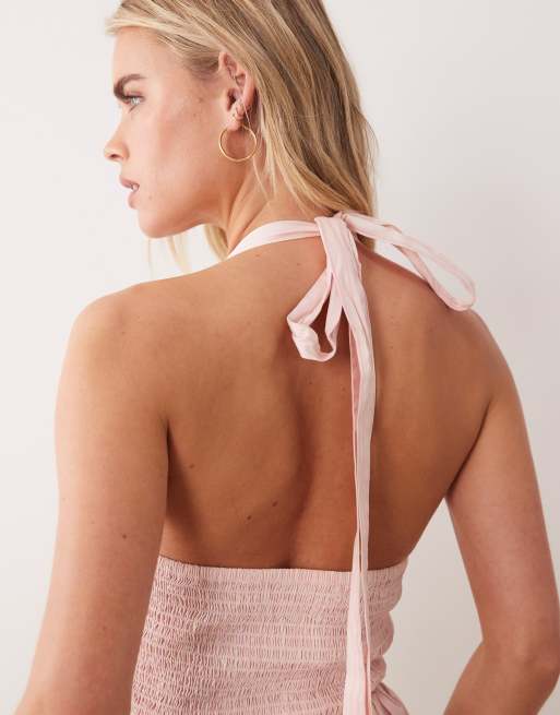 Miss Selfridge Petite - Lyserød maxikjole med halterneck, rynker og striber, 4 af 4