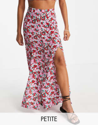 Miss Selfridge Petite mae button through midi skirt in red floral print