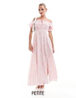 Miss Selfridge Petite - Maxikleid mit Carmen-Ausschnitt, Puffärmeln und rosa Blumenmuster-Bunt