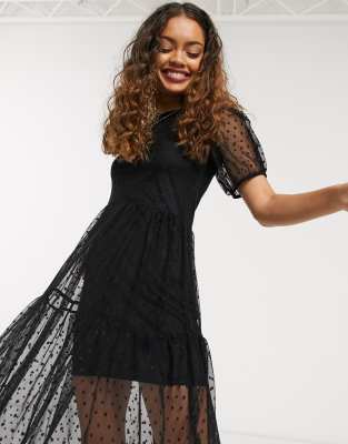 black dobby mesh midi dress