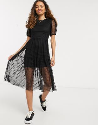 black dobby mesh midi dress